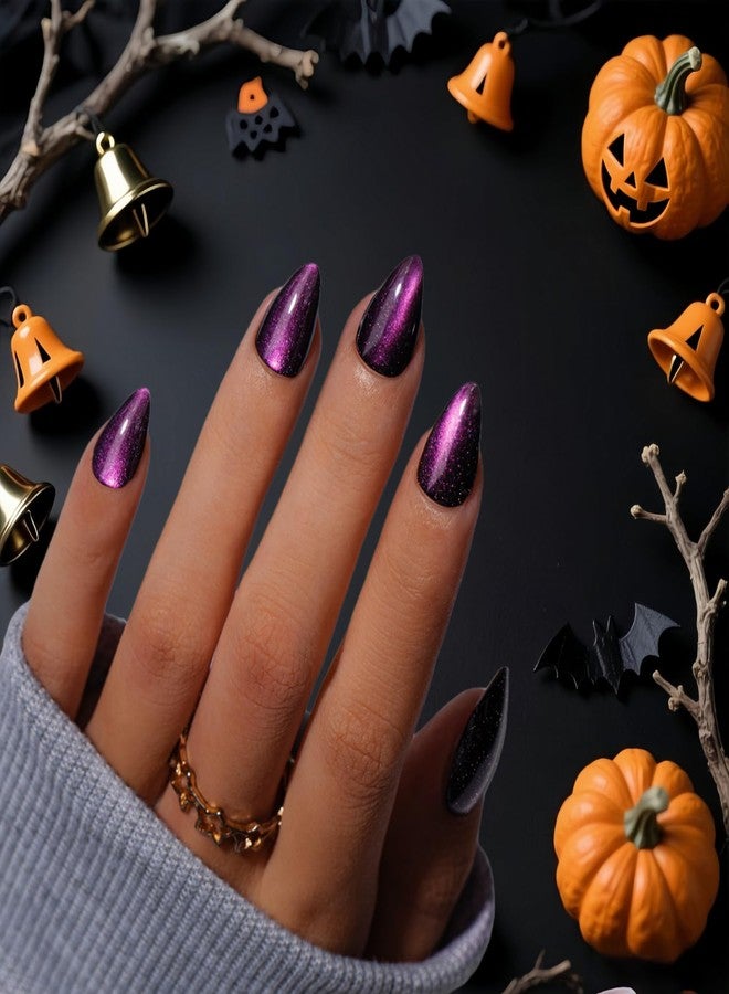 KQueenest Cat Eye Press On Nails Short Almond, Acrylic Press On Nails with Glue, Sparkle Purple Black Fake Nails Stiletto, Soft Gel Glue On Nails for Woman, Long-Lasting Glitter Effect, 30 Pcs - Image 2